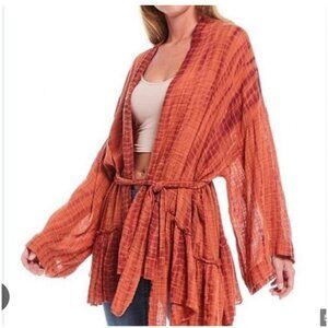 Free People FP One Sasha Cardigan Womens M/L Rust Orange Boho Gauze Belted Kimon